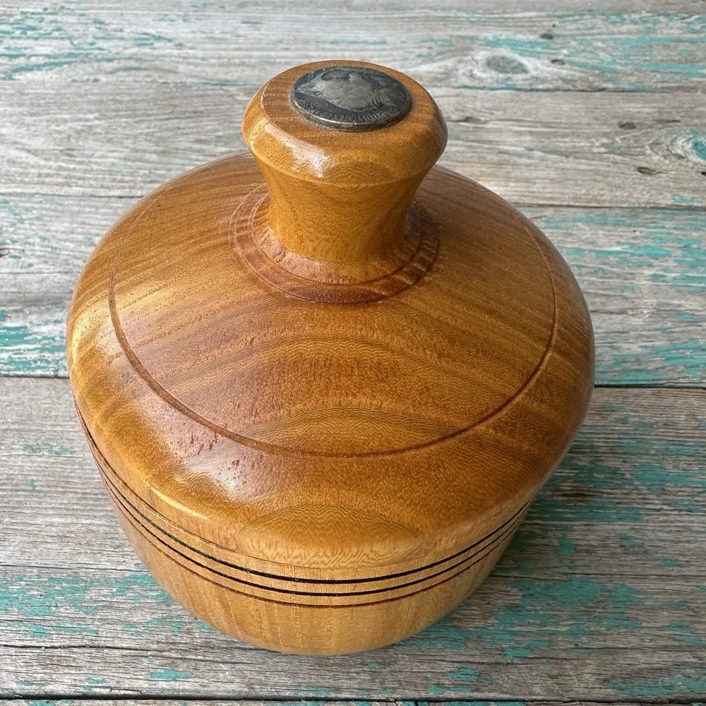 Vintage Trinket Box 5.1 Inch Hand Turned‎ Wood Jewelry Lid Buffalo Nickel Insert